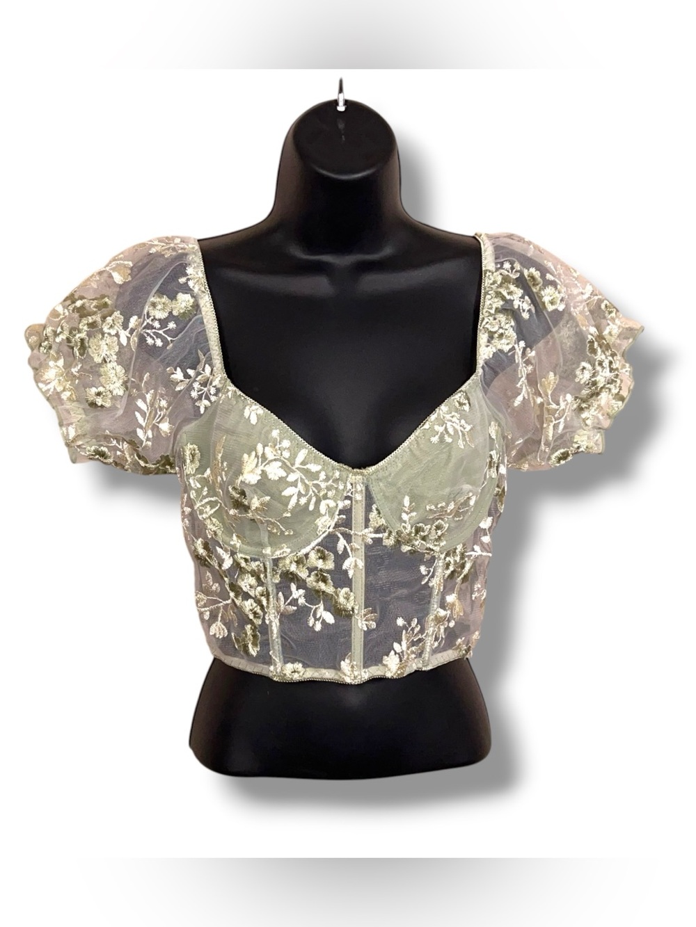 Juniors Large Romwe Green Lace Embroidered Crop Top Floral Fairy Sheer Cottage